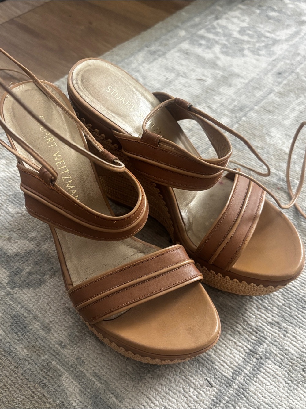 Stuart Weitzman Brown Leather Espadrille Wedge Sandals with Ankle Ties